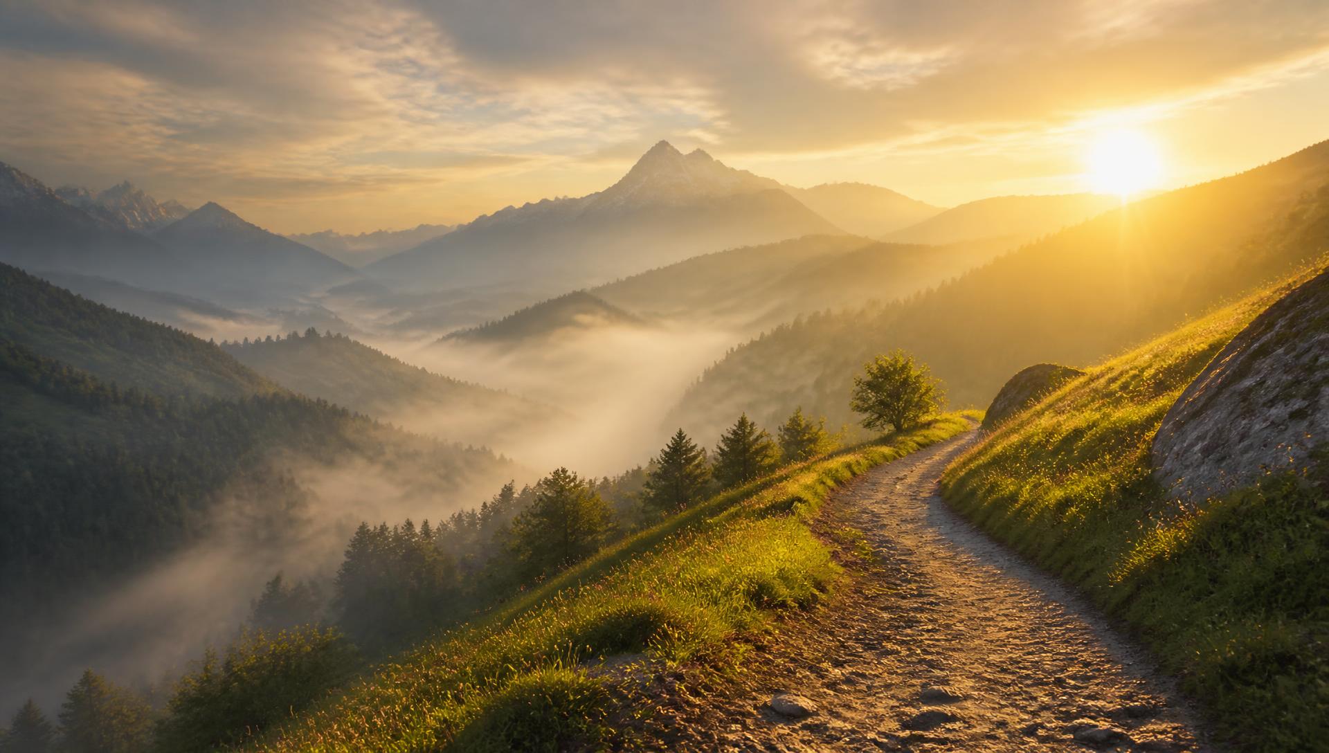 Golden sunrise over a misty mountain valley with a quiet winding path